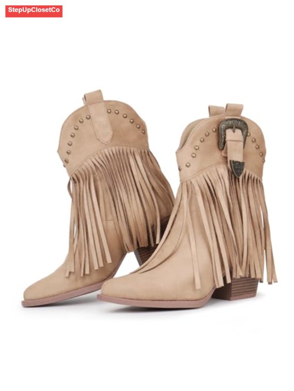 Suede Western Booties with Fringe and Studs, Snip Toe, Pull On